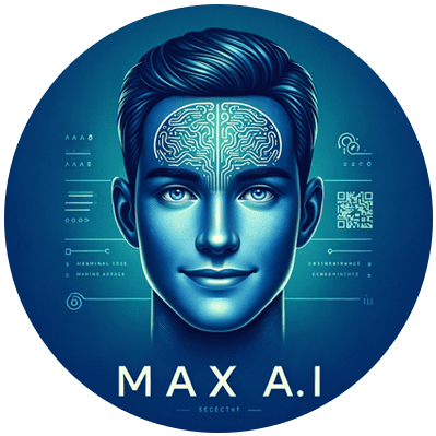 Human face with digital brain and AI interface elements, representing Max AI technology.